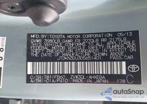 2013 Toyota Prius Two из США, поврежденный, VIN JTDKN3DU3D5651401